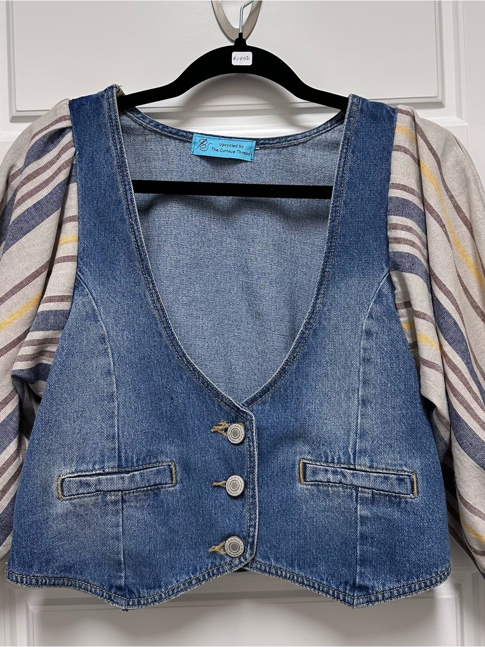 Upcycled Denim Vest with Striped Puff Sleeves
